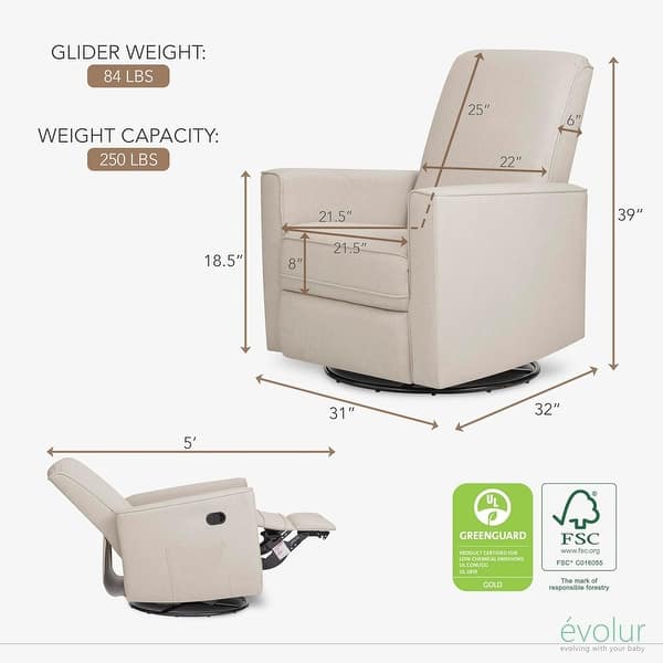 dimension image slide 1 of 3, Evolur Raleigh Glider in Light Sand, Upholstered Plush Seating 360° Swivel Glider Rocking Chair