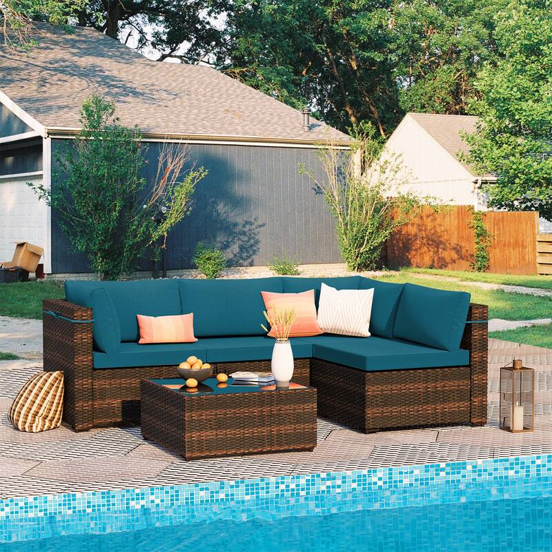 Patio Watcher 5 Pieces Patio Wicker Sectional Sofa Seating Group with Cusions - Deep Lake Blue