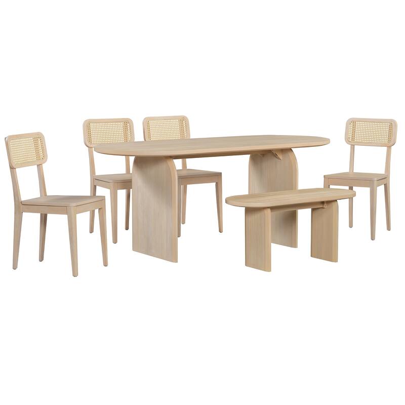 6 Piece Dining Table Set with Bench,Oval Kitchen Table Chairs Set for 6, Modern Style Dining Room Set