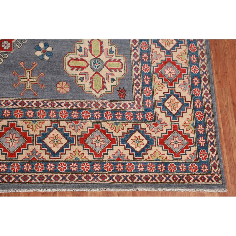Hand Knotted Oriental 100% Wool Carpet Traditional Geometric Greys & Charcoal Kazak Area Rug - 13' 0'' X 9' 8''