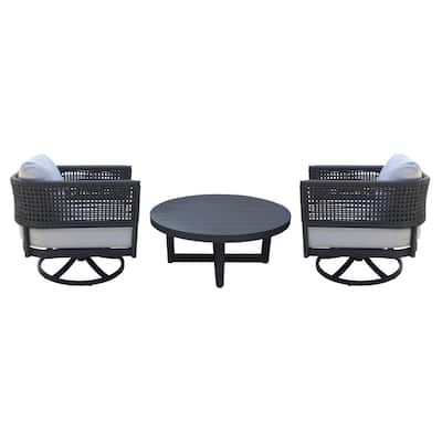 Outdoor 3 Piece Woven Abaca Rope Patio Furniture Set Including a Coffee Table and 2 Swivel Rocking Chairs