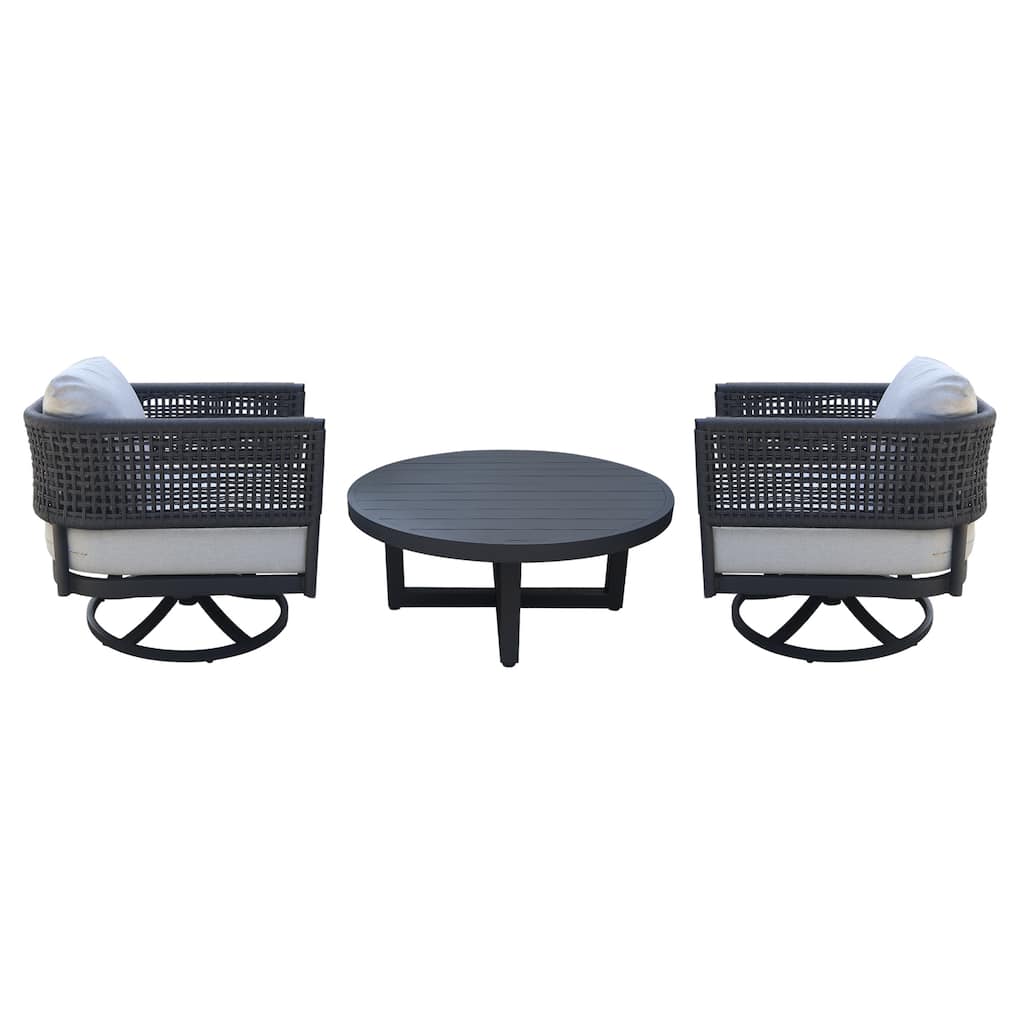 Outdoor 3 Piece Woven Abaca Rope Patio Furniture Set Including a Coffee Table and 2 Swivel Rocking Chairs
