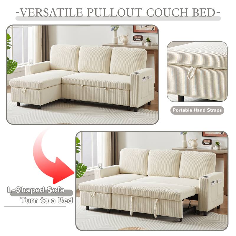 78.5" Corduroy L-Shaped Convertible Sofa Bed with Reversible Design, Pull-Out Sleeper & Storage Ottoman