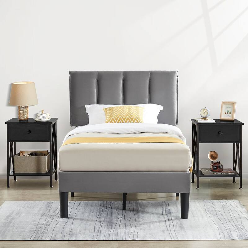 VECELO 3-Pieces Bedroom Sets Upholstered Bed Frame and Nightstands Set of 2 Dark Grey Platform Bed Frame - Black - Twin