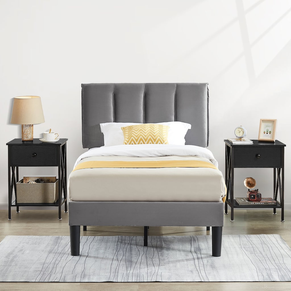VECELO 3-Pieces Bedroom Sets Upholstered Bed Frame and Nightstands Set of 2 Dark Grey Platform Bed Frame
