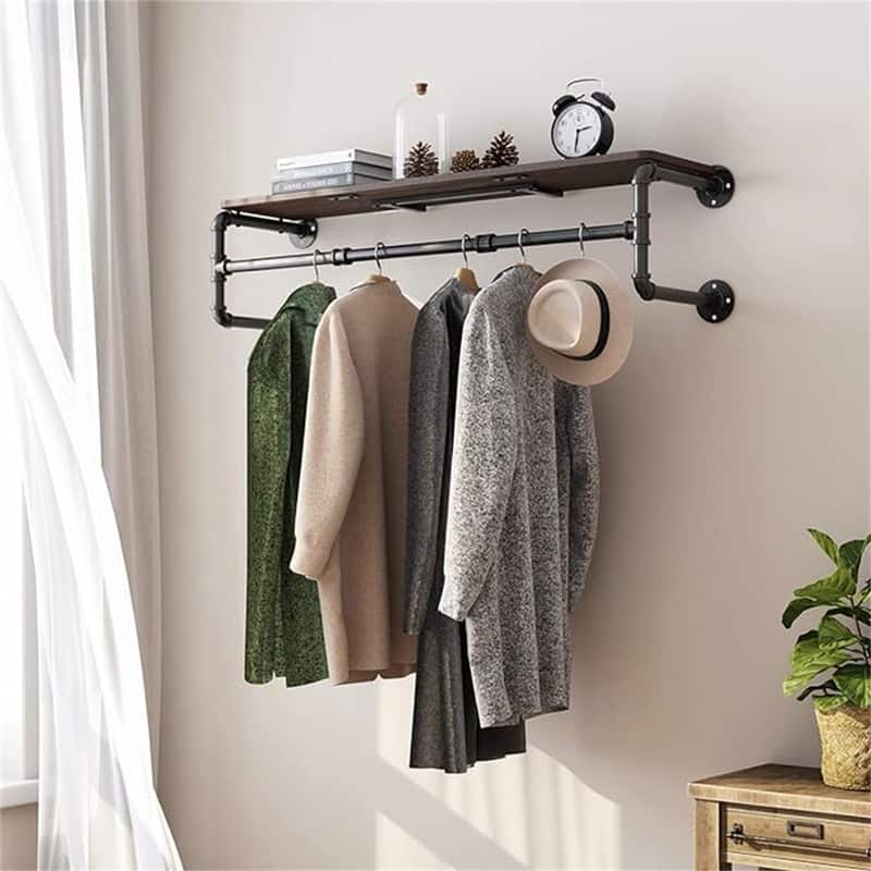 Clothes Rack with Top Shelf, 41in Industrial Pipe Wall Mounted Garment Rack