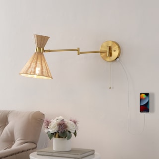 Lyla 25" 1-Light Mid-Century Vintage Retro Rattan/Metal USB Charging Swing Arm LED Sconce with Pull Chain, by JONATHAN Y