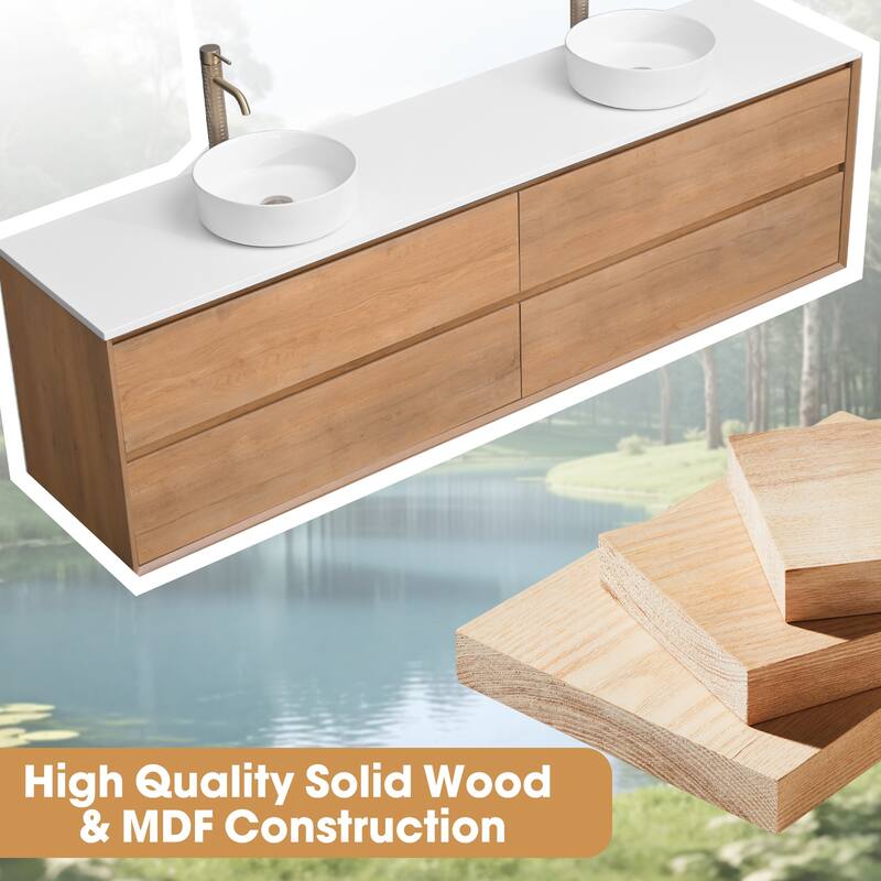 84" Floating Bathroom Vanity Quartz Counter Top with Double Ceramic Vessel Sink