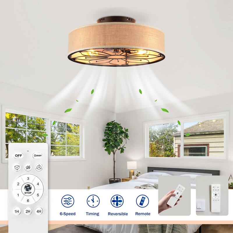 20" Caged Ceiling Fans Flush Mount,Low Profile Fabric Farmhouse Ceiling Fan with Remote Control - N/A