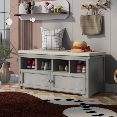 Entryway Bench with Shoe Storage and Bench Cushion, Storage Bench with Cabinet-Gray Wash