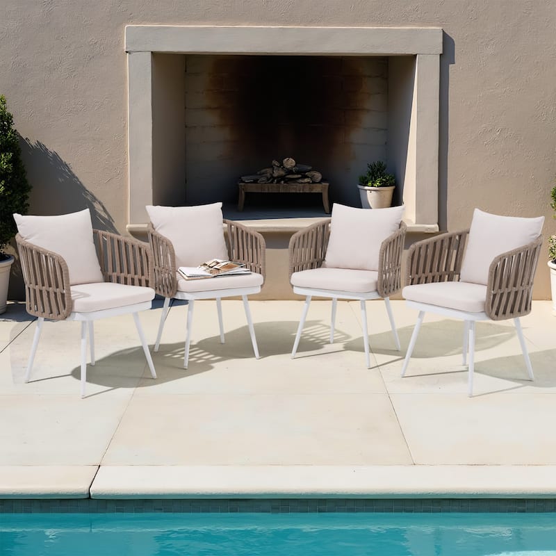 Patio Dining Chair Set - Metal Frame with Woven Rope Seat - 4-Piece Linen-colored Weave