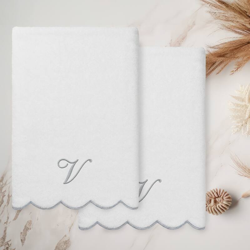 Authentic Hotel and Spa 100% Turkish Cotton Grey ADORNIA Scallop Personalized 2 Piece Bath Towel Set - 2 Bath Towels