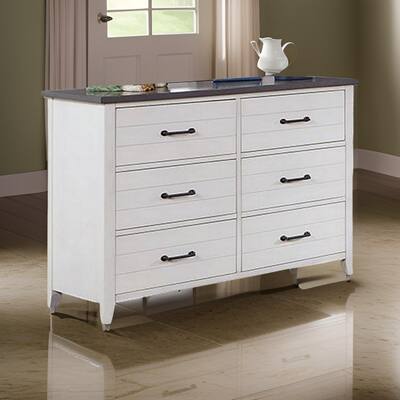 Akira 48 Inch Wide Dresser, 6 Drawers, White Solid Wood and Gray Top