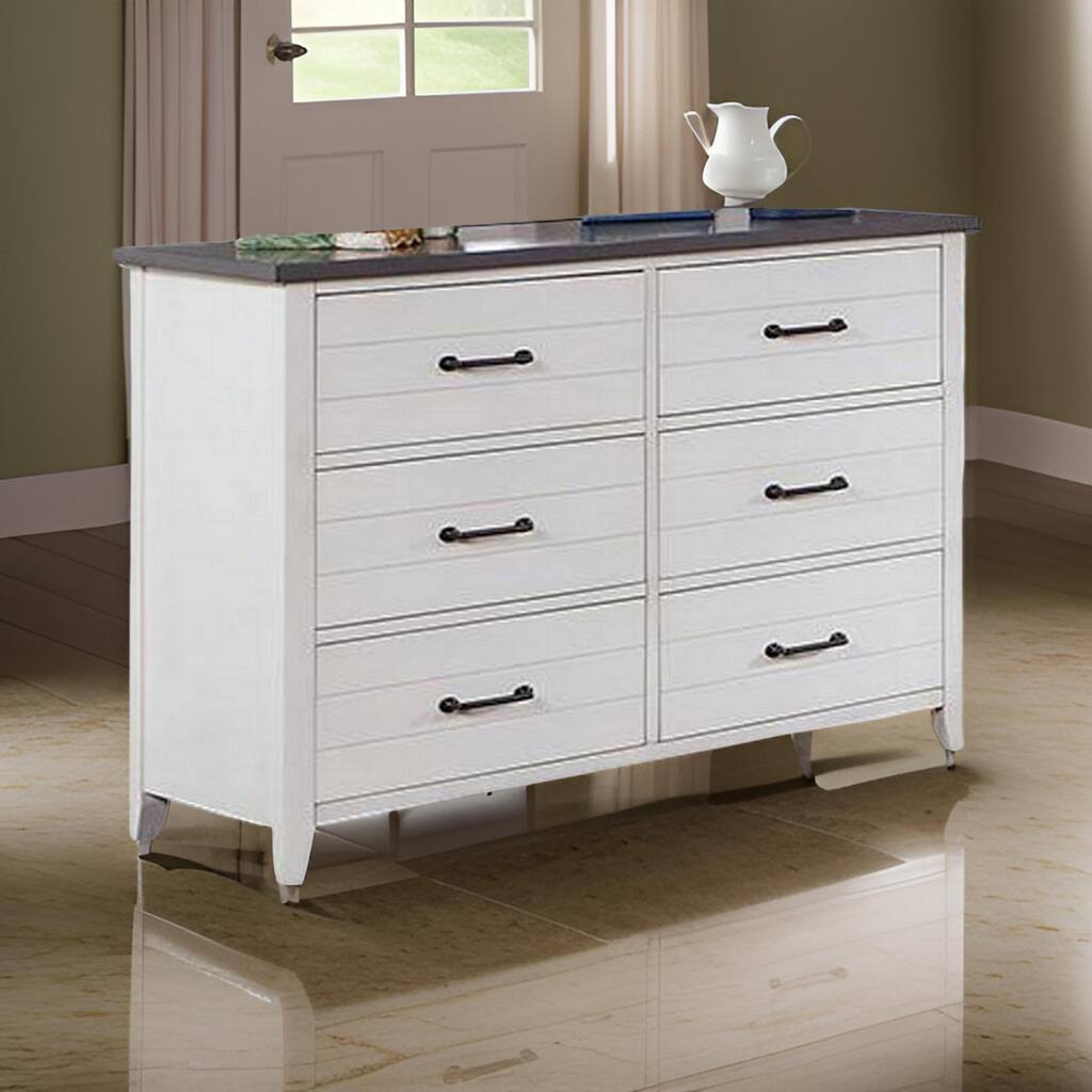 Akira 48 Inch Wide Dresser, 6 Drawers, White Solid Wood and Gray Top