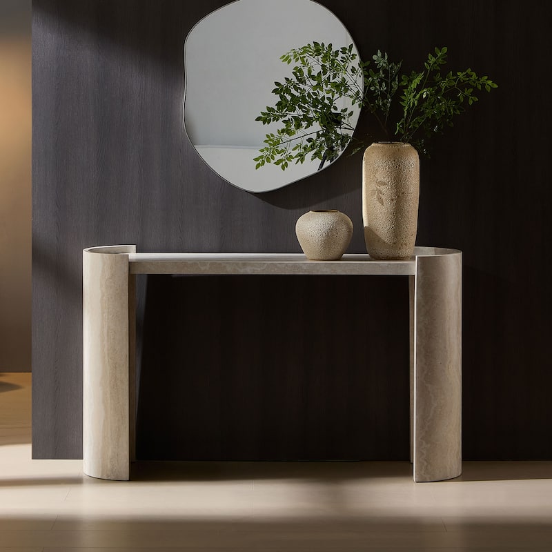 53.15 Inch Faux Marble Pattern Entryway Table, Modern Design Narrow Console Table with Oval Top and Raised Edge Design