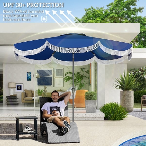 8 round patio umbrella with tilt Outsunny 9FT Patio Umbrella, UPF 30+ Outdoor Market Umbrella, Vented Patio Table Umbrella with Crank, 8 Ribs, Push Button Tilt, Navy Blue