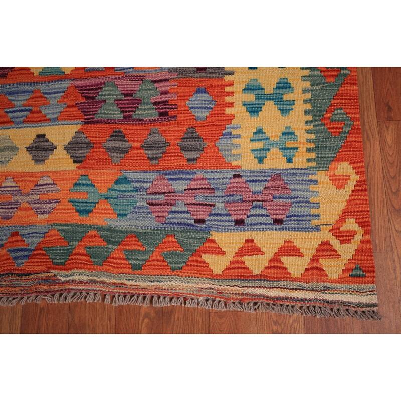 Kilim Oriental Area Rug Flatweave Geometric Orange Wool Carpet - 8'2" x 11'5"
