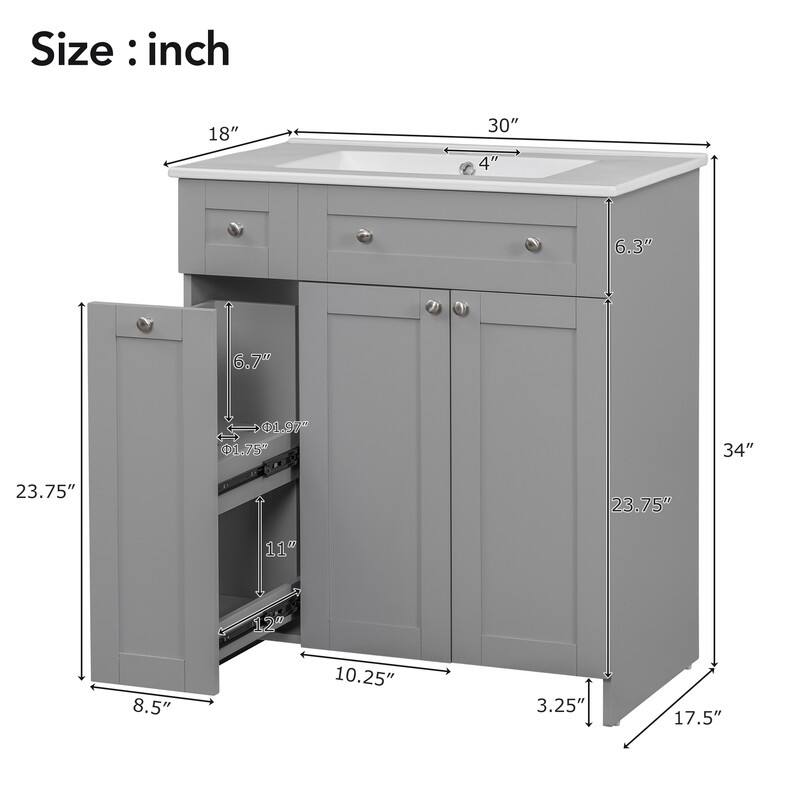 Modern 30-Inch Bathroom Vanity Cabinet with Easy-to-Clean Resin Integrated Sink in Blue