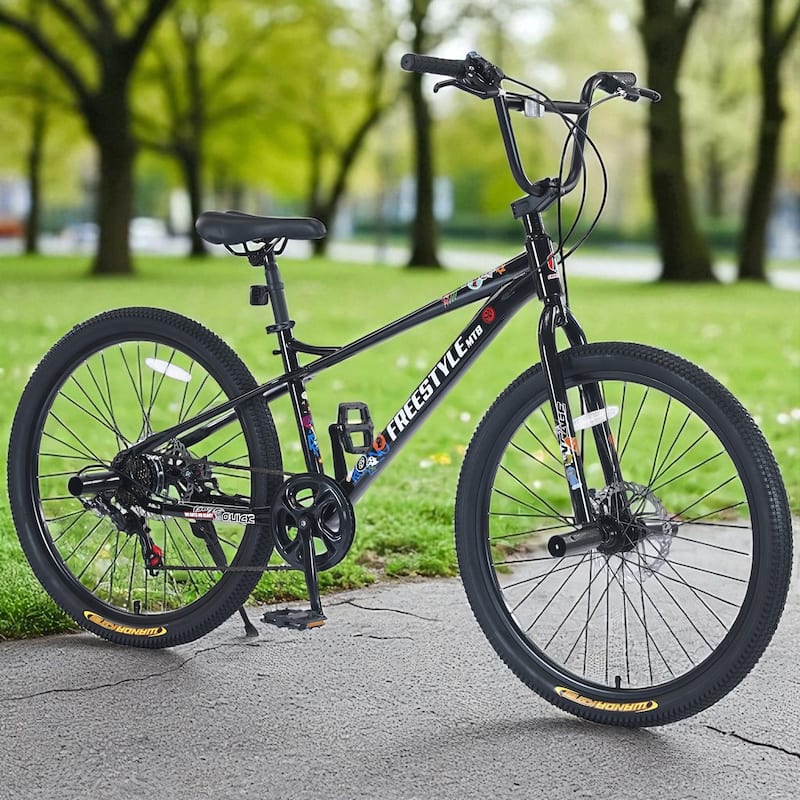 26 Inch Kids Freestyle Mountain Bike, Boys & Girls 12+, Shimano 7-Speed Steel Frame with Dual Disc Brakes - Black