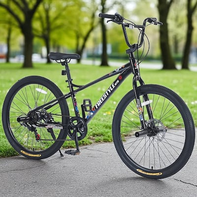 26 Inch Kids Freestyle Mountain Bike, Boys & Girls 12+, Shimano 7-Speed Steel Frame with Dual Disc Brakes