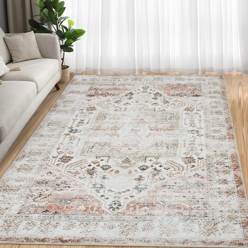 Large Washable Rug Floral Print Carpet 9x12 Feet - 9X12FT - light brown