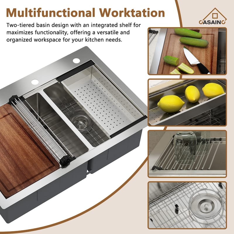 Handmade Drop-In 2-Hole 60/40 Double Bowl 18 Gauge Stainless Steel Workstation Kitchen Sink with Ledge for Sliding Accessories