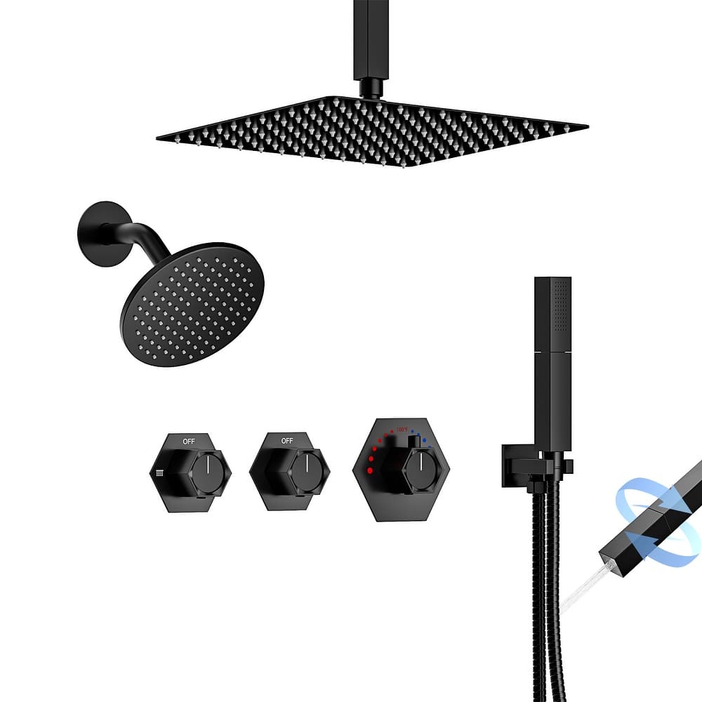 Dual Rainfall Shower System 12" & 6" Heads with Thermostatic Valve and Handheld Spray