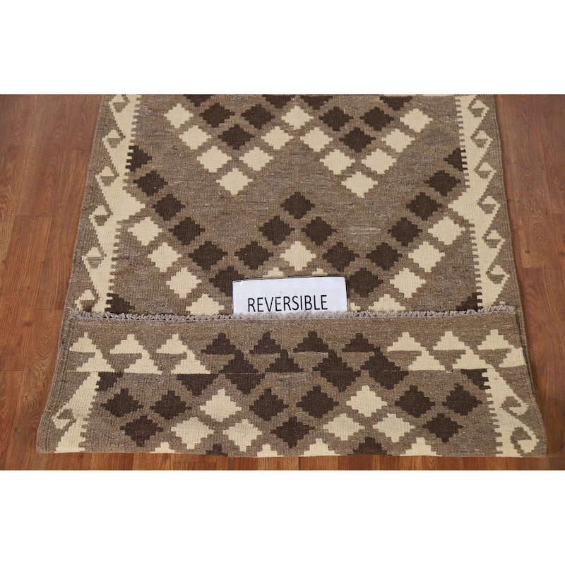Brown Geometric Kilim Area Rug Oriental Flatweave Wool Carpet - 3'4"x 4'9"