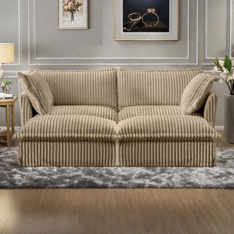 83.4" Corduroy 2-Seater Sofa Set with 2 Ottomans & Sleeper Function and Removable Slipcovers