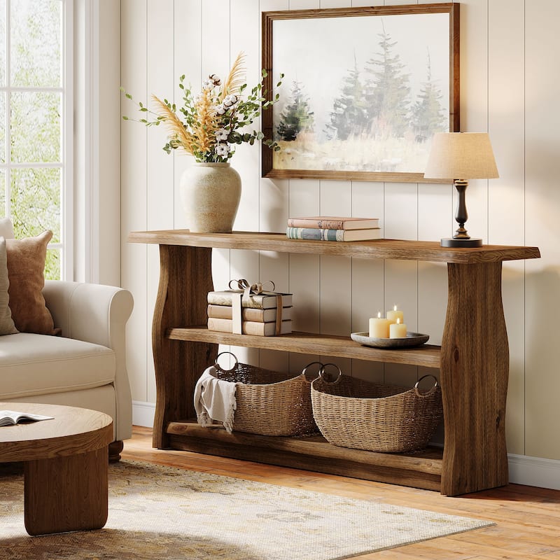 63" Solid Wood Console Table with Storage Shelves