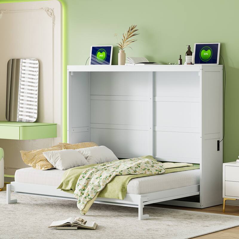 Full/Queen Size Murphy Bed with Rattan Doors and Charging Station, Hideaway Wood Wall Chest Bed Frame, No Box Spring Needed - White - Queen