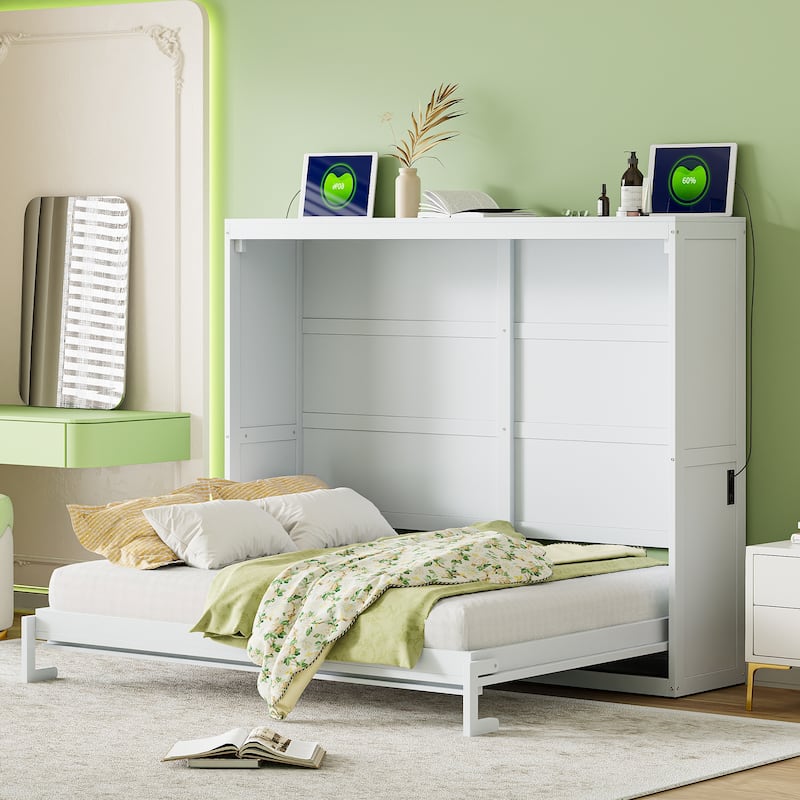 Murphy Bed Cabinet Bed with Circular Carving Pattern and Built-in Charging Station for a Multi-use Guest Room, Home Office