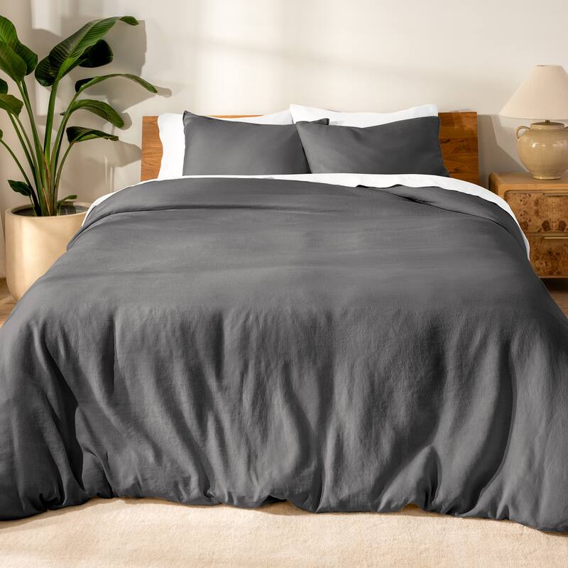 Bare Home Linen Duvet Cover and Sham Set - Grey - Twin