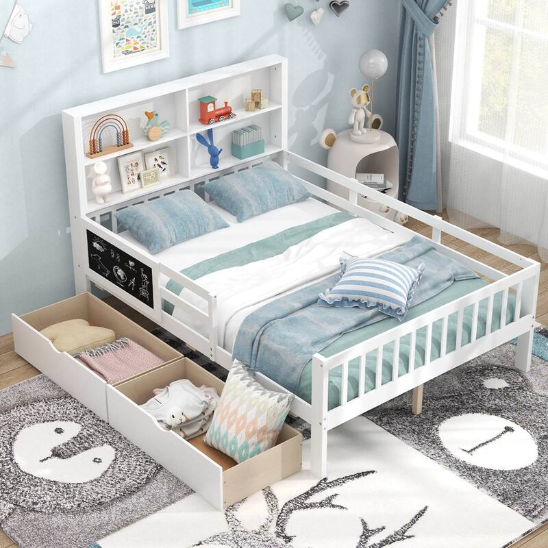 Costway Twin/Full Size Bed Frame with 2 Drawers Bookcase & Blackboard