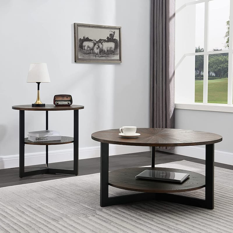 Round Coffee Table with Solid Wood Storage Circle Center Table