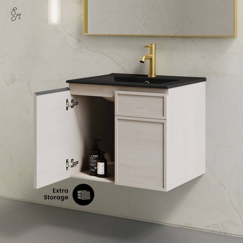 St. Tropez 24" Wall-Mounted Bathroom Vanity In White Oak With Black Sink Top - 24