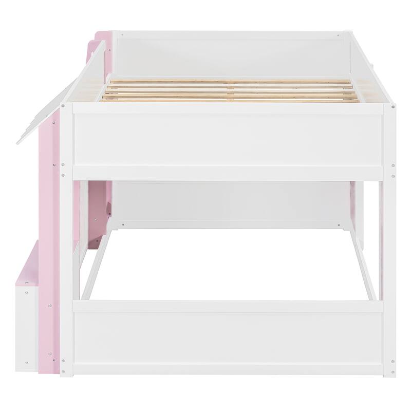 Full Size Loft House Bed with Playhouse Design & Storage, Modern Wooden Cabin Bed with Guardrails and Ladder for Kids, Teens