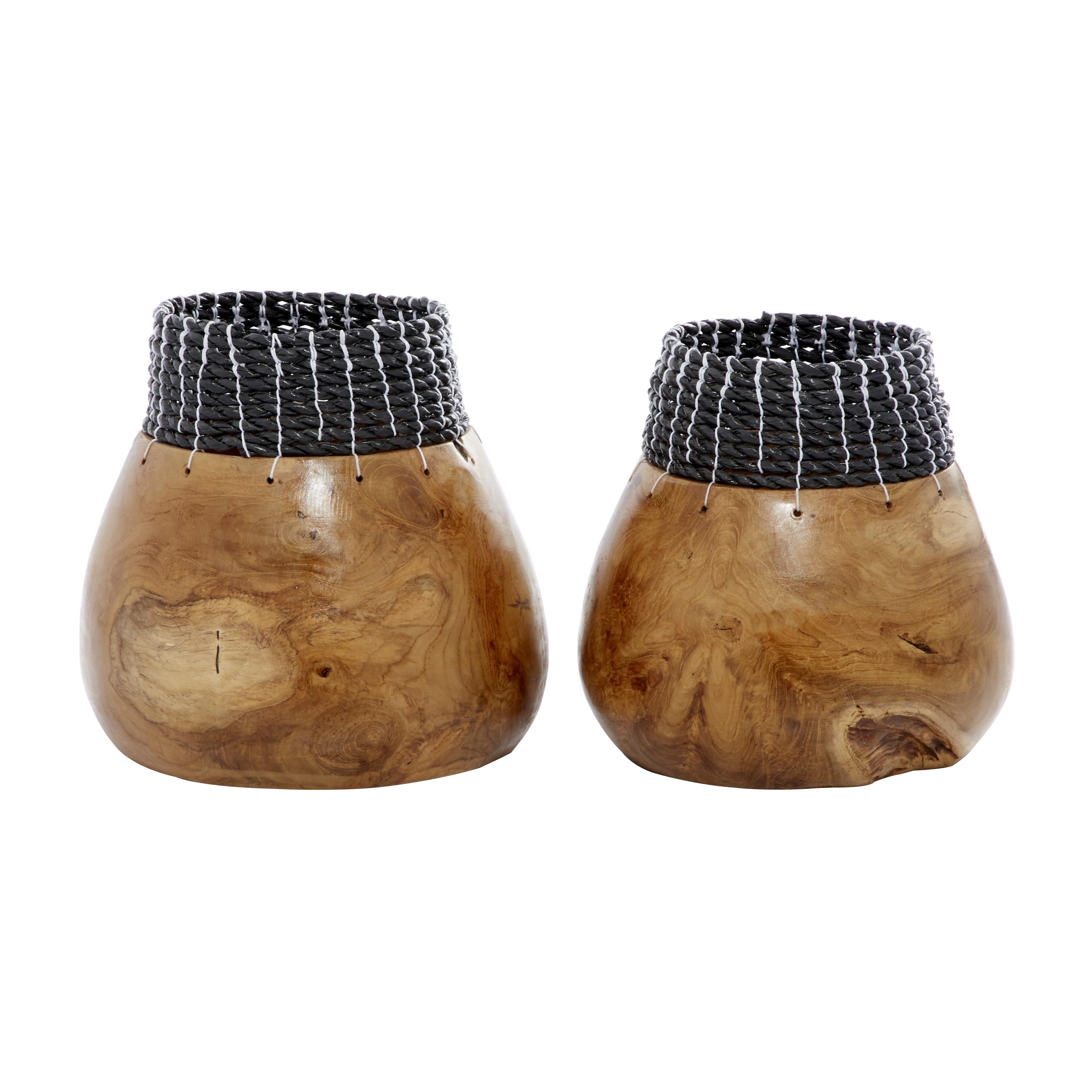 Wood Handmade Decorative Vase with Black or White Seagrass Accents - Set of 2 Brown - Roche River Decor