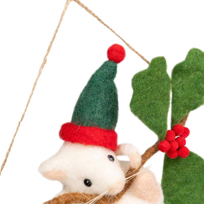 Holly and Berry Mouse Christmas Hanging Decoration - 9" - Green and Ivory