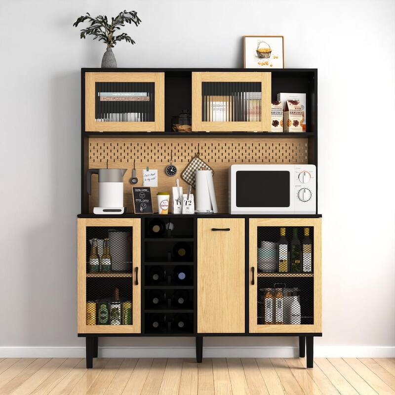 Farmhouse Kitchen Pantry Cabinet 59" High with Power Outlet, Wine Rack, Drawer, and Storage Doors - Black