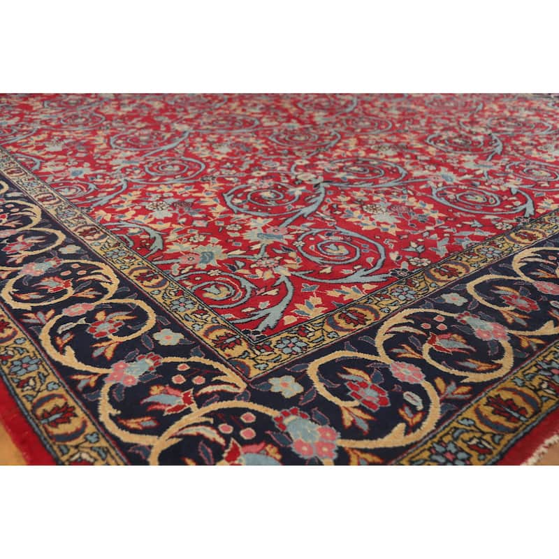 Hand Knotted Oriental 100% Wool Carpet Traditional All-Over Red Kerman Area Rug - 12' 2'' X 9' 2''