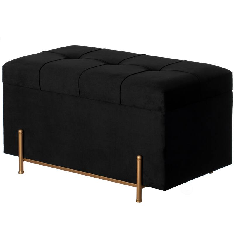 Large Rectangle Velvet Storage Ottoman Stool Box with Golden Legs | Decorative Sitting Bench - Black