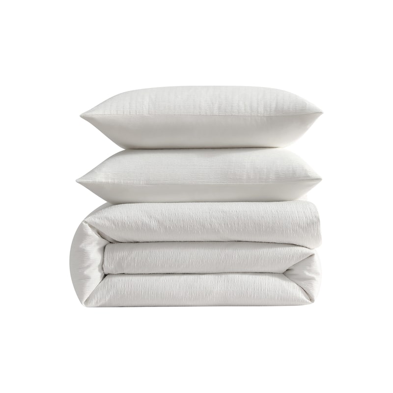Vera Wang Crinkle Textured Reversible Duvet Cover Set Minimal Design (White, 3 Piece)