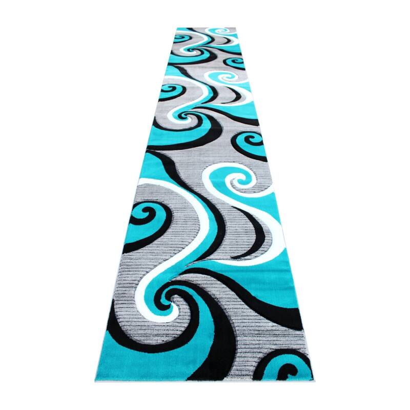 Modern High-Low Sculpted Swirl Design Abstract Area Rug - 3' x 16' - Turquoise