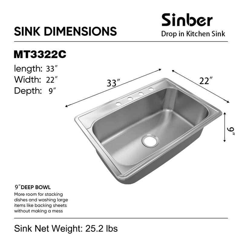 Sinber Drop in Single Bowl 304 Stainless Steel Kitchen Sink