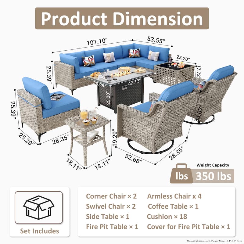 OVIOS 11 Pieces Outdoor Wicker Swivel Chair Set With Solar-Powered Coffee Table&Fire Pit