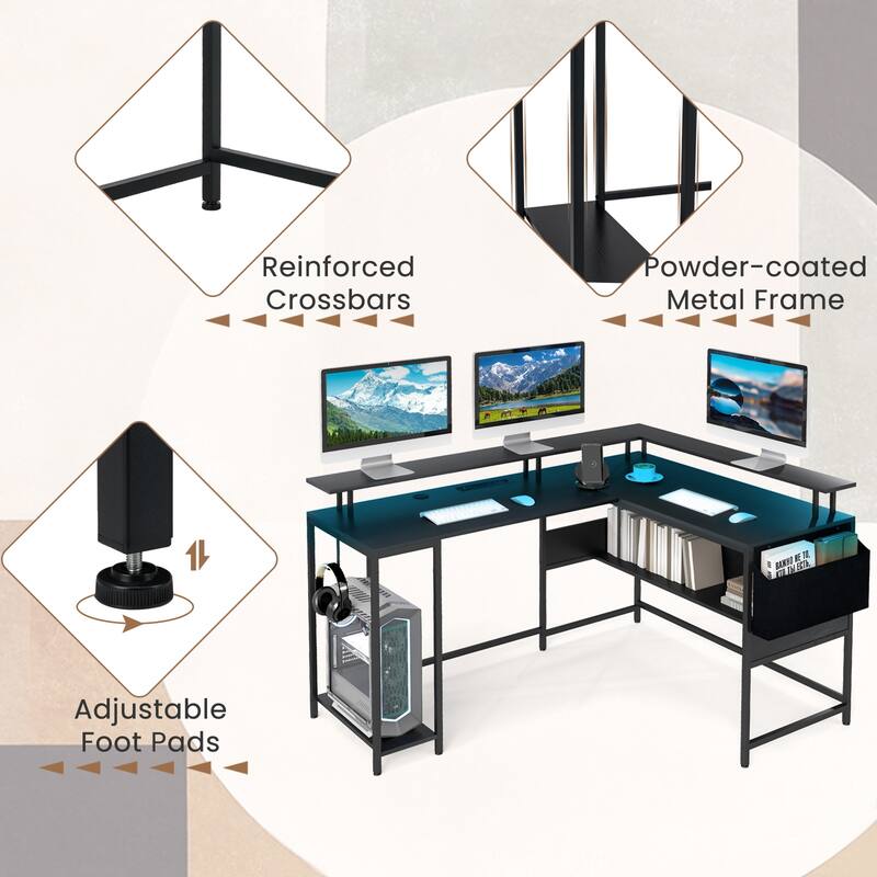 Gymax L-Shaped Gaming Desk w/ LED Lights & Power Outlets Monitor Stand