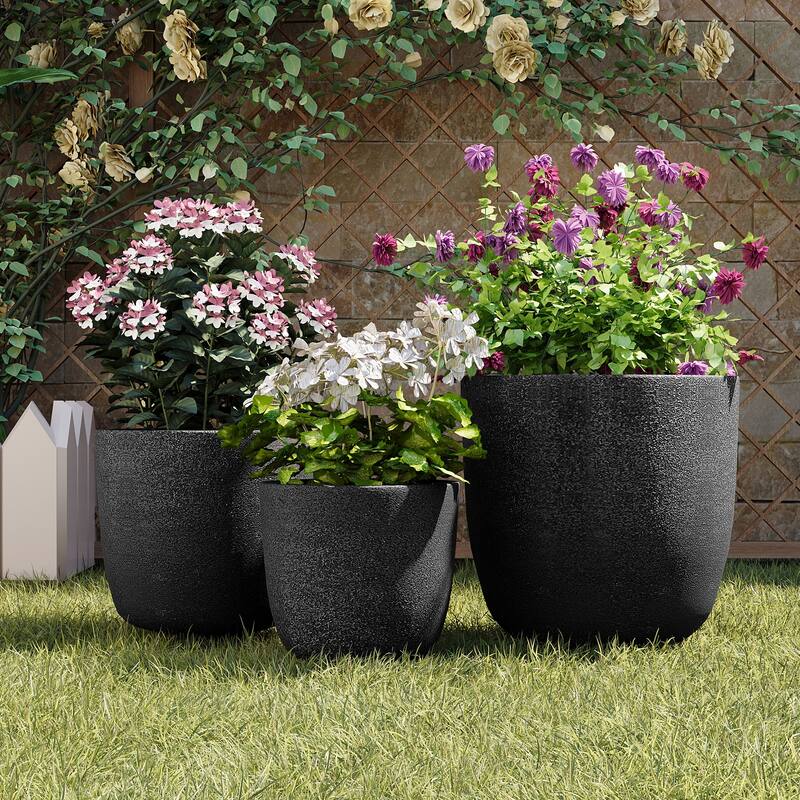 Lightweight Matte Textured MGO Flower Pot Set of 3,Round Concrete Stackable Planter with Drainage Holes and Rubber Plug - Black
