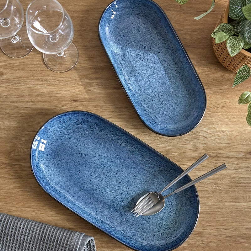 Sango Resona Blue/Black Large Ceramic Serving Platters Set of 2, 14/12 Inch