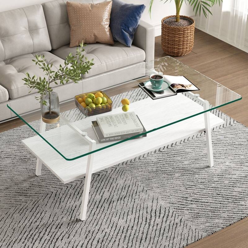 Rectangle Tempered Glass Coffee Table with Metal Legs - White/Transparent